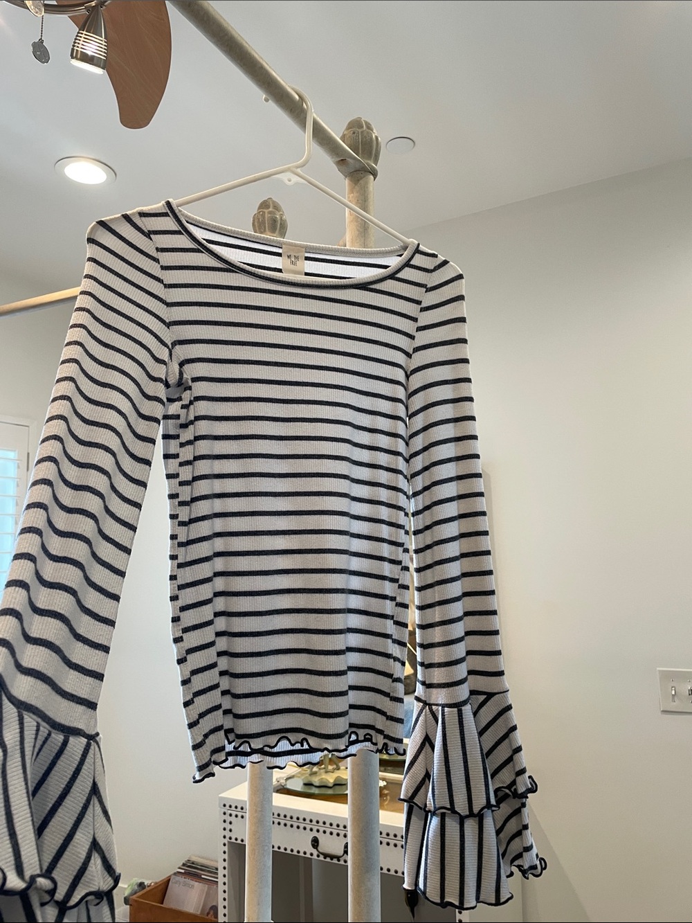 Free People Black & White Striped Ruffle-Sleeve Long Sleeve Top
